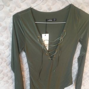 Lace up silky khaki green bodysuit